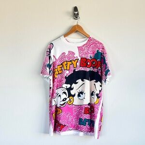 Betty Boop All Over Print Single Stitch Pink Women's Tee Shirt Size Large